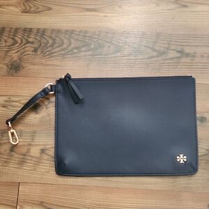 Tory Burch Navy Zipper Pouch Wristlet Leather Rich Mom Coastal Nautical Luxury
